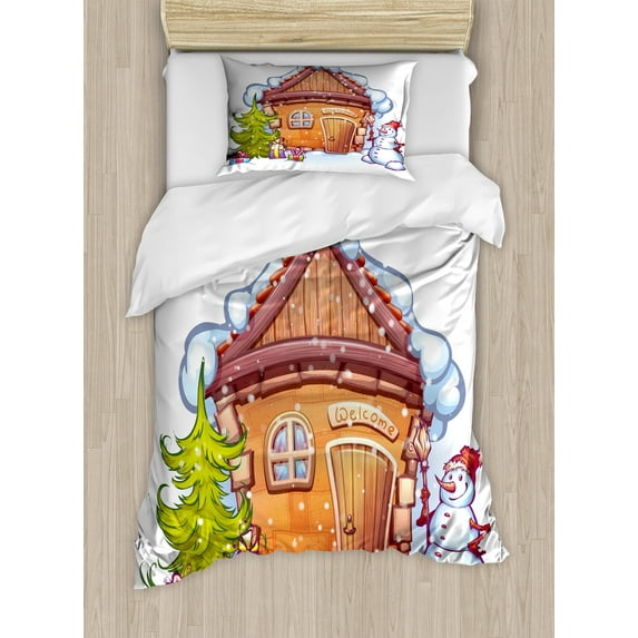 Ambesonne Christmas Duvet Cover Sets, Cartoon House, 2-Twin, Caramel Green White