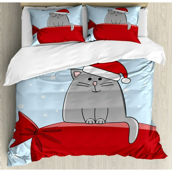 Ambesonne Christmas Duvet Cover Sets, Cat on Full Santa Sack, 2-Queen, Vermilion Pale Blue