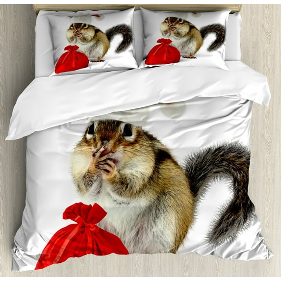 Ambesonne Christmas Duvet Cover Sets, Chipmunk in Santa Hat, 2-Queen, Pale Yellow White Red