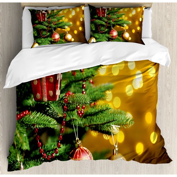 Ambesonne Christmas Duvet Cover Sets, Close up Tree Blurred, 2-Queen, Amber Green Red