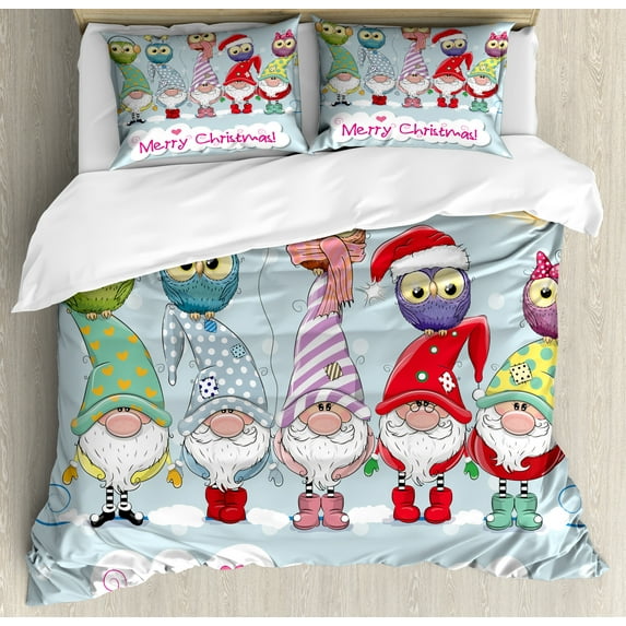 Ambesonne Christmas Duvet Cover Sets, Colorful Gnomes and Owls, 2-King, Pale Blue Multicolor