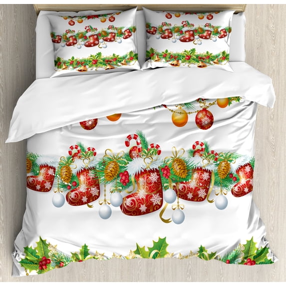 Ambesonne Christmas Duvet Cover Sets, Flowers Socks and Bells, 2-King, Orange Red Green