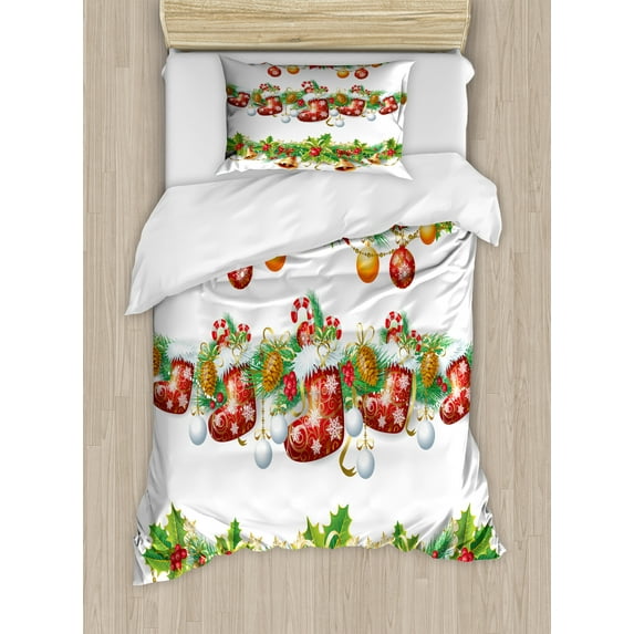 Ambesonne Christmas Duvet Cover Sets, Flowers Socks and Bells, 2-Twin, Orange Red Green