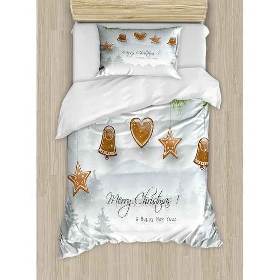 Ambesonne Christmas Duvet Cover Sets, Gingerbread Fir Tree, 2-Twin, Pale Brown Pale Grey