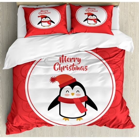 Ambesonne Christmas Duvet Cover Sets, Happy Merry Penguin Round, 2-Queen, Dark Coral and White
