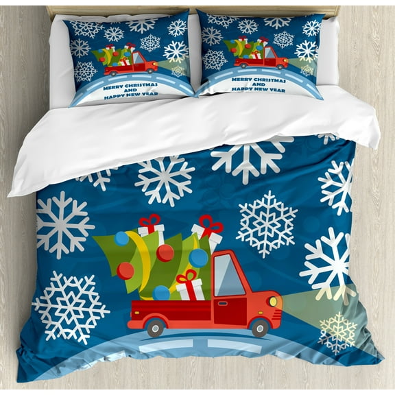 Ambesonne Christmas Duvet Cover Sets, Happy New Year Truck, 2-Queen, Blue Red White