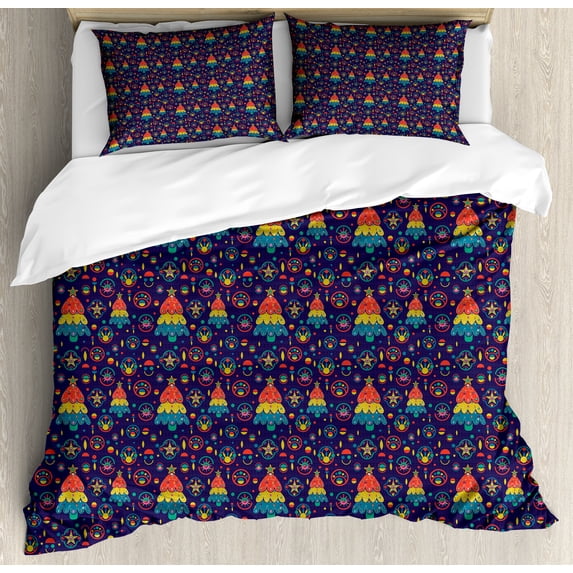 Ambesonne Christmas Duvet Cover Sets, Holiday Theme Pine Trees, 2-King, Quartz and Multicolor