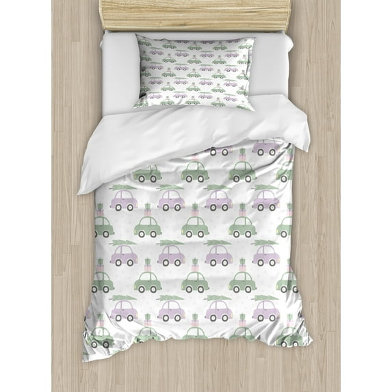 Ambesonne Christmas Duvet Cover Sets, Pastel Cars Trees Gifts, 2-Twin, Reseda Green Lilac White