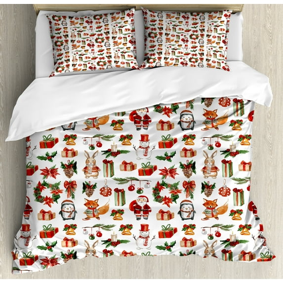 Ambesonne Christmas Duvet Cover Sets, Rabbits Candles, 2-King, Red Green Orange