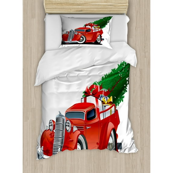 Ambesonne Christmas Duvet Cover Sets, Red American Truck, 2-Twin, Green White