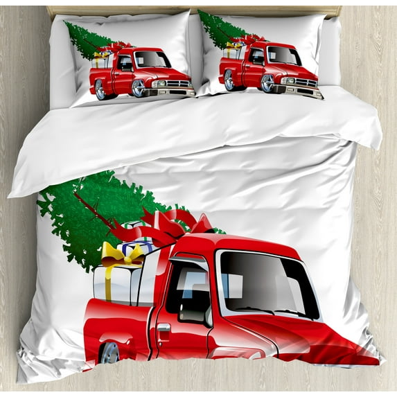 Ambesonne Christmas Duvet Cover Sets, Red Farm Truck, 2-Queen, White Red