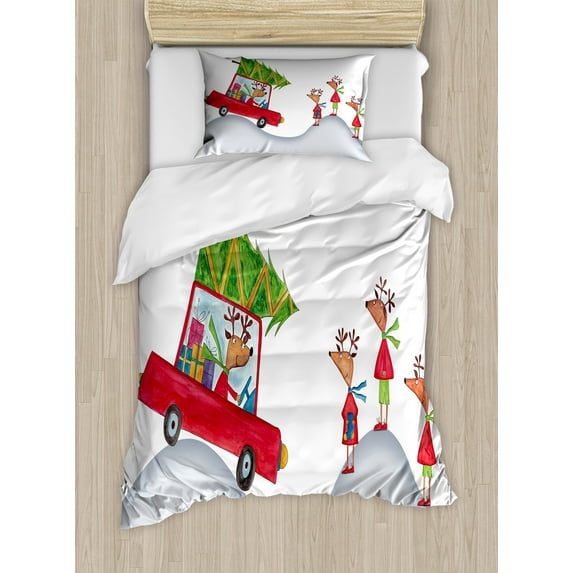 Ambesonne Christmas Duvet Cover Sets, Reindeer Family Noel, 2-Twin, Grey White