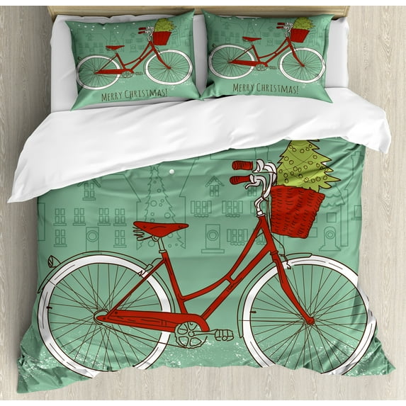 Ambesonne Christmas Duvet Cover Sets, Retro Bike Xmas Trees, 2-King, Almond Green Red White