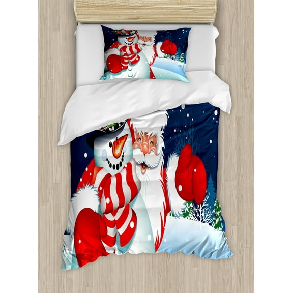 Ambesonne Christmas Duvet Cover Sets, Santa Snowman Hug, 2-Twin, Blue Red White