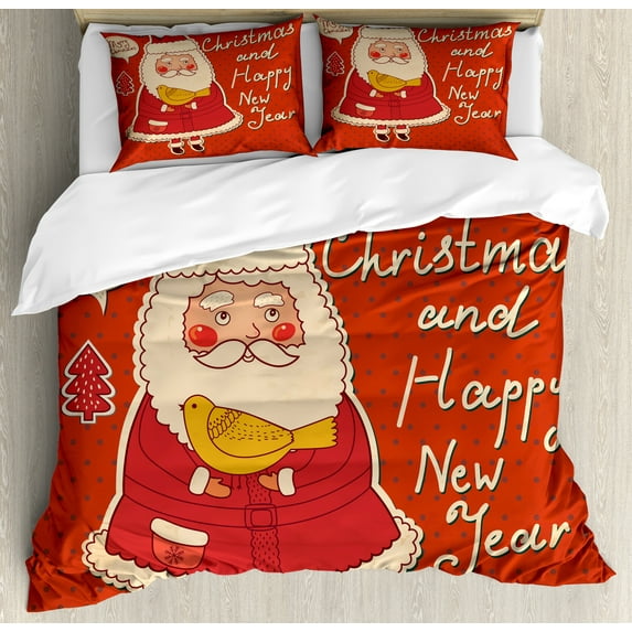 Ambesonne Christmas Duvet Cover Sets, Santa and Yellow Bird, 2-King, Ivory Orange