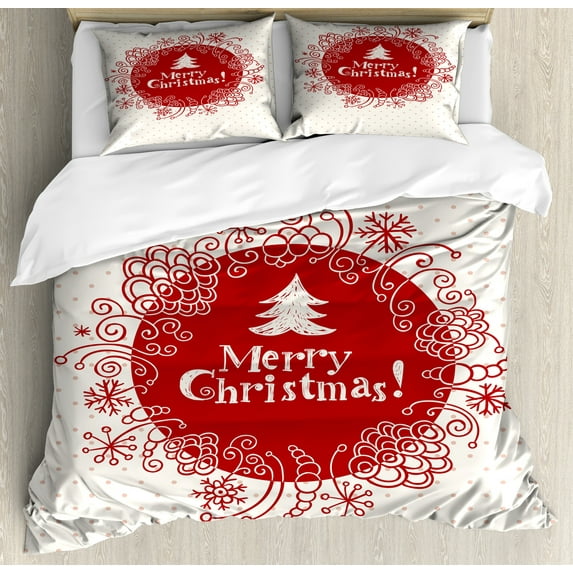 Ambesonne Christmas Duvet Cover Sets, Sketchy Doodles, 2-King, White Red Coral