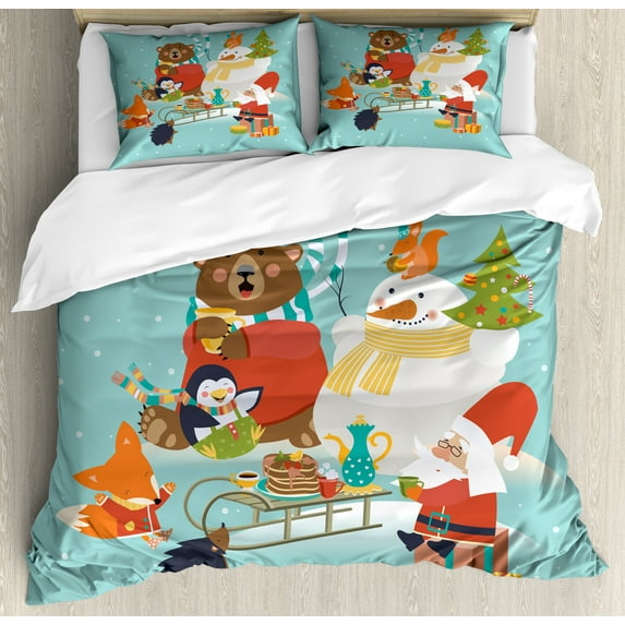 Ambesonne Christmas Duvet Cover Sets, Snowman Bear Fox Santa, 2-King, Pale Teal and Multicolor