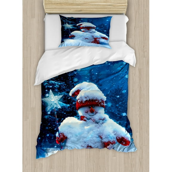 Ambesonne Christmas Duvet Cover Sets, Snowman Magic Wand, 2-Twin, Navy Blue Red White