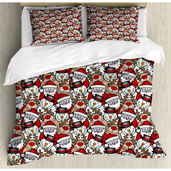 Ambesonne Christmas Duvet Cover Sets, Snowman Reindeer, 2-Queen, Pale Brown White and Red