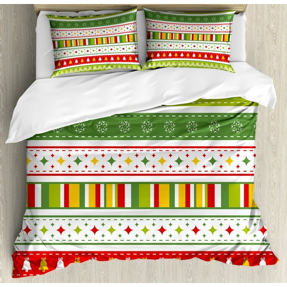 Ambesonne Christmas Duvet Cover Sets, Traditional Borders, 2-Queen, Lime Green Yellow Red