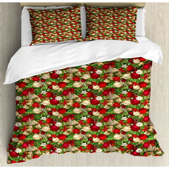 Ambesonne Christmas Duvet Cover Sets, Tree Branches Bells, 2-King, Multicolor