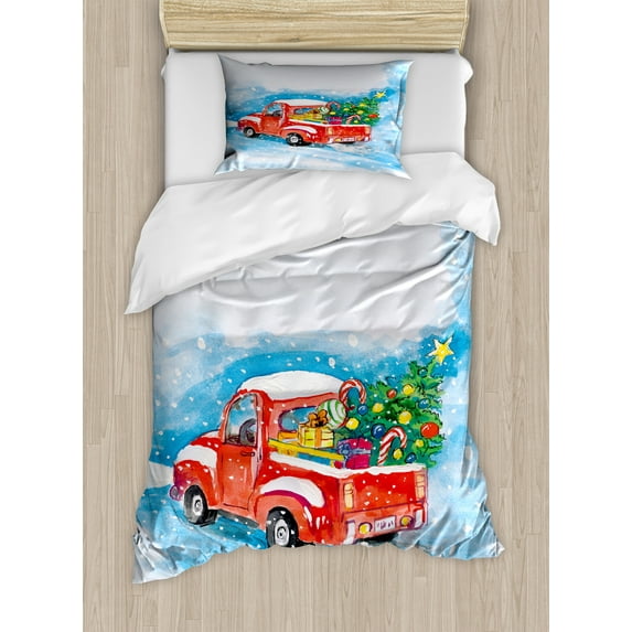 Ambesonne Christmas Duvet Cover Sets, Truck Winter Scenery, 2-Twin, Blue White Red