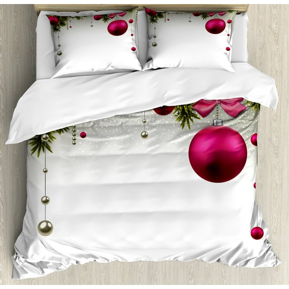 Ambesonne Christmas Duvet Cover Sets, Vivid Fir Twigs Balls, 2-Queen, Magenta Olive Green Grey