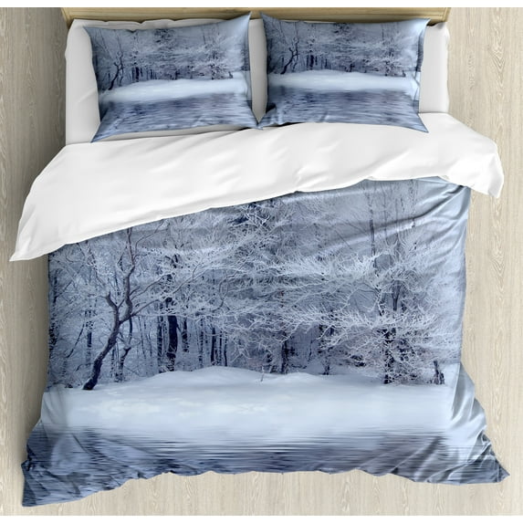 Ambesonne Christmas Duvet Cover Sets, Winter Blizzard Forest, 2-King, White