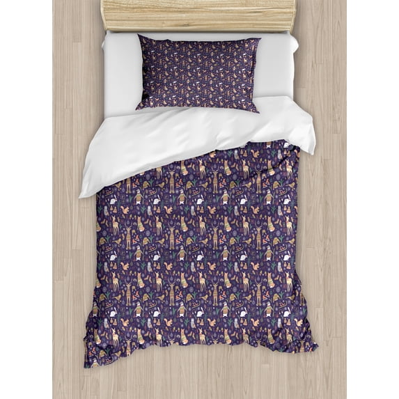 Ambesonne Christmas Duvet Cover Sets, Winter Forest Animals, 2-Twin, Quartz Peach