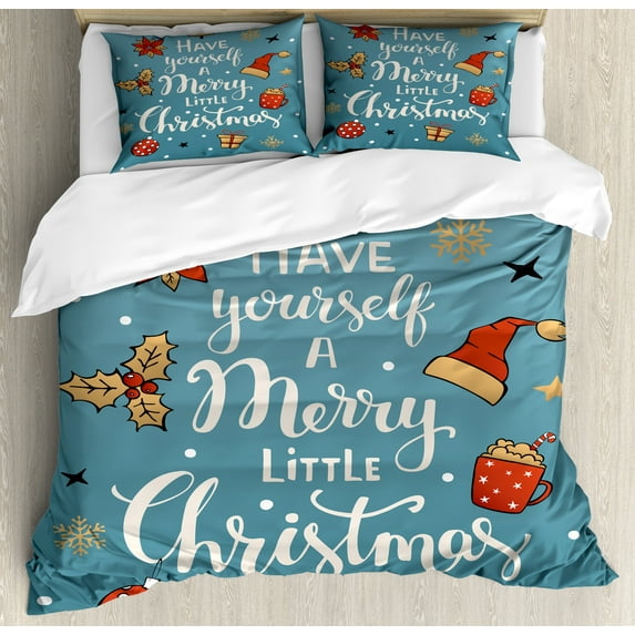 Ambesonne Christmas Duvet Cover Sets, Winter Items Little Xmas, 2-Queen, Cadet Blue and Multicolor