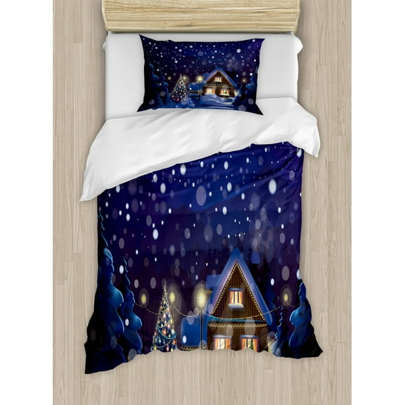 Ambesonne Christmas Duvet Cover Sets, Winter Night House, 2-Twin, Navy Blue Yellow