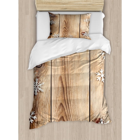 Ambesonne Christmas Duvet Cover Sets, Wood Plank Snowflakes, 2-Twin, Brown Pale Brown White