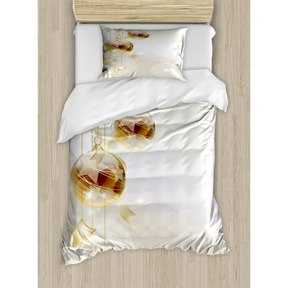 Ambesonne Christmas Duvet Cover Sets, Xmas Balls Modern, 2-Twin, Brown Yellow White