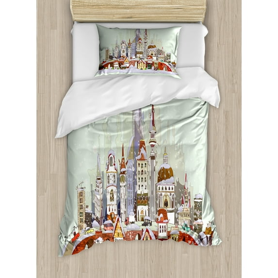 Ambesonne Christmas Duvet Cover Sets, Xmas City Holiday, 2-Twin, Pale Green Lavender