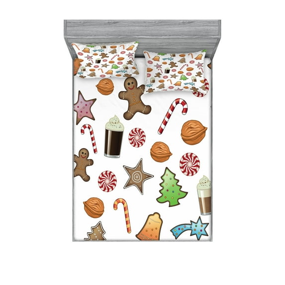 Ambesonne Christmas Emoji Fitted Sheet & Pillow Sham Set, Xmas Vibe Foods Art, Calking, White Umber Ginger