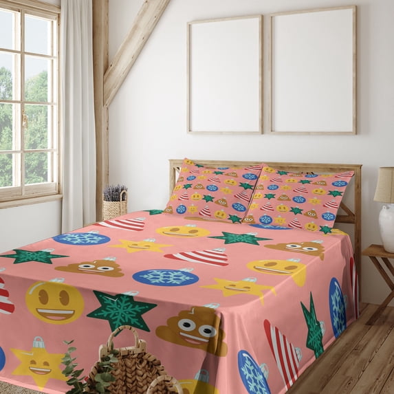 Ambesonne Christmas Emoji Fitted & Top Sheet Set with Shams, Modern Poop Snow, Pale Pink Mustard Green