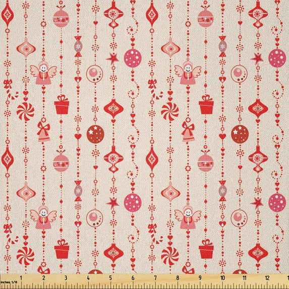 Ambesonne Christmas Fabric by the Yard Microfiber, Cartoon Ornaments, 2 Yards, Vermilion Blush