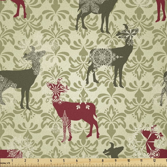 Ambesonne Christmas Fabric by the Yard Microfiber, Damask Snowflake Deer, 1 Yard, Dark Green Avocado Green
