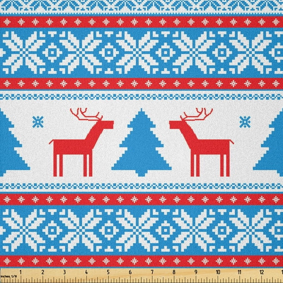 Ambesonne Christmas Fabric by the Yard Microfiber, Folk Knit Style Art, 10 Yards, Red Blue