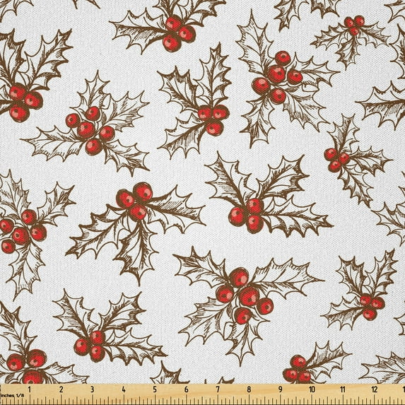Ambesonne Christmas Fabric by the Yard Microfiber, Holly Berries Leaves, 10 Yards, Scarlet Brown