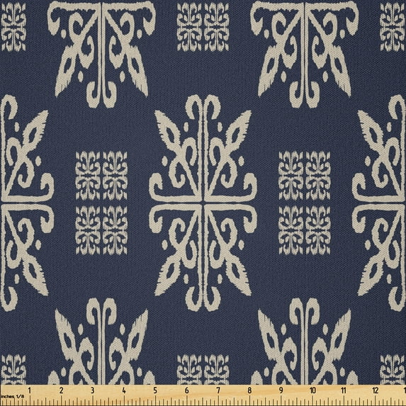 Ambesonne Christmas Fabric by the Yard Microfiber, Nordic Snowflakes Art, 5 Yards, Pale Mustard and Dark Blue
