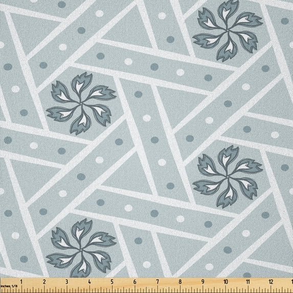 Ambesonne Christmas Fabric by the Yard Microfiber, Stripe Dot Floral Shape, 1 Yard, Blue Grey Pale Teal and White