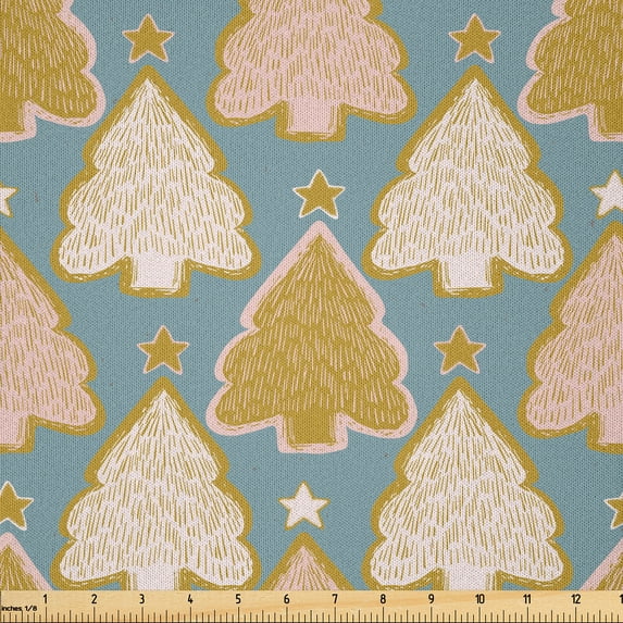 Ambesonne Christmas Fabric by the Yard Microfiber, Striped Xmas Pine Trees, 1 Yard, Pale Teal Pale Coffee