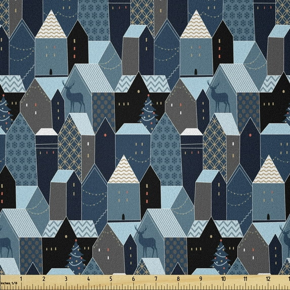 Ambesonne Christmas Fabric by the Yard Microfiber, Winter Town and Deers, 1 Yard, Charcoal Grey Blue and Taupe