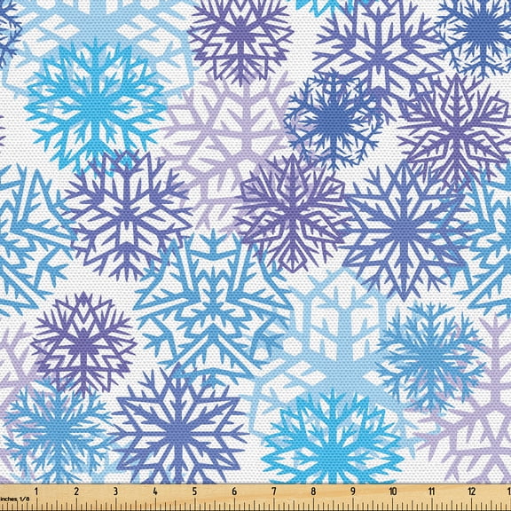 Ambesonne Christmas Fabric by the Yard Upholstery, Abstract Snowflakes Art, 1 Yard, Azure Blue Pastel Purple