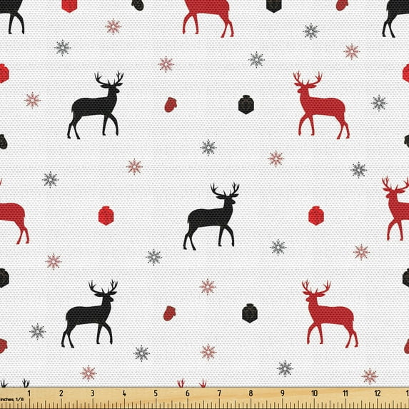 Ambesonne Christmas Fabric by the Yard Upholstery, Deer Snowflakes Artwork, 3 Yards, Charcoal Grey Scarlet
