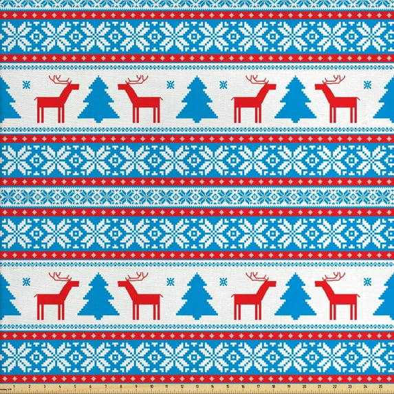 Ambesonne Christmas Fabric by the Yard Upholstery, Folk Knit Style Art, 3 Yards, Red Blue
