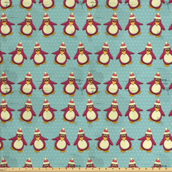 Ambesonne Christmas Fabric by the Yard Upholstery, Funny Arctic Penguins, 2 Yards, Multicolor