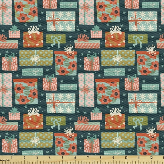Ambesonne Christmas Fabric by the Yard Upholstery, Gift Boxes Pattern Merry, 3 Yards, Multicolor