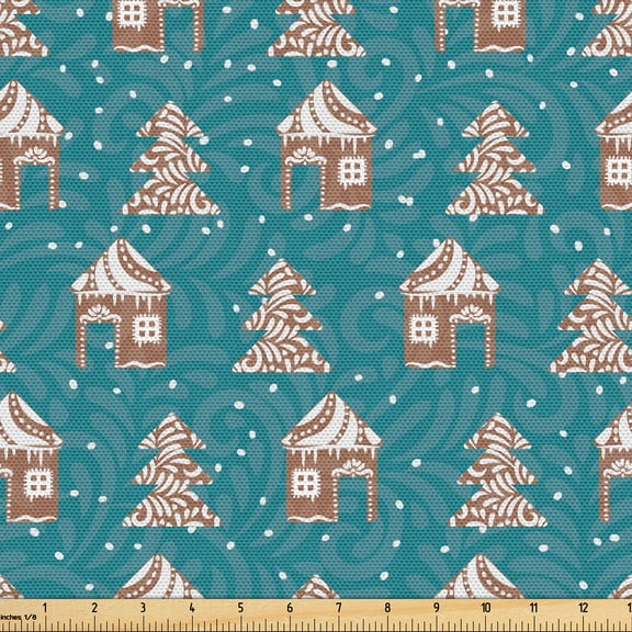 Ambesonne Christmas Fabric by the Yard Upholstery, Gingerbread Houses Snow, 2 Yards, Dark Turquoise Caramel